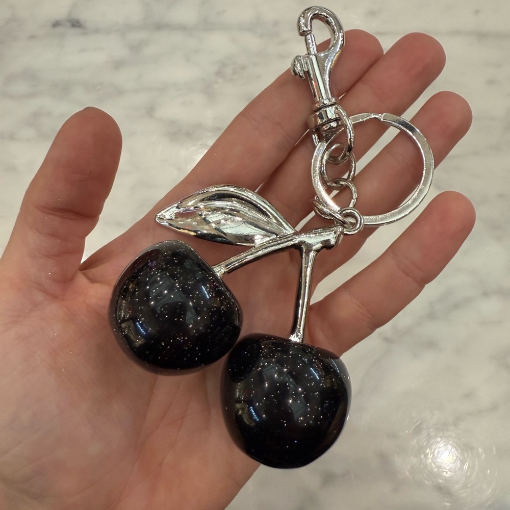 Black Glitter Cherry Keychain with Silver Hardware